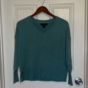 Tahari Teal V-Neck Boxy Sweater with Split Hem